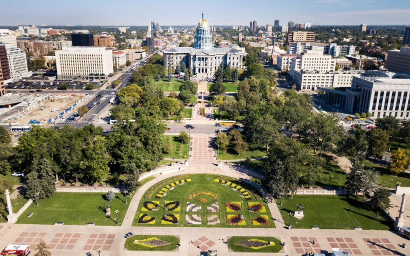 Aerial view of Civic Center Park in summer looking toward the capitol building.